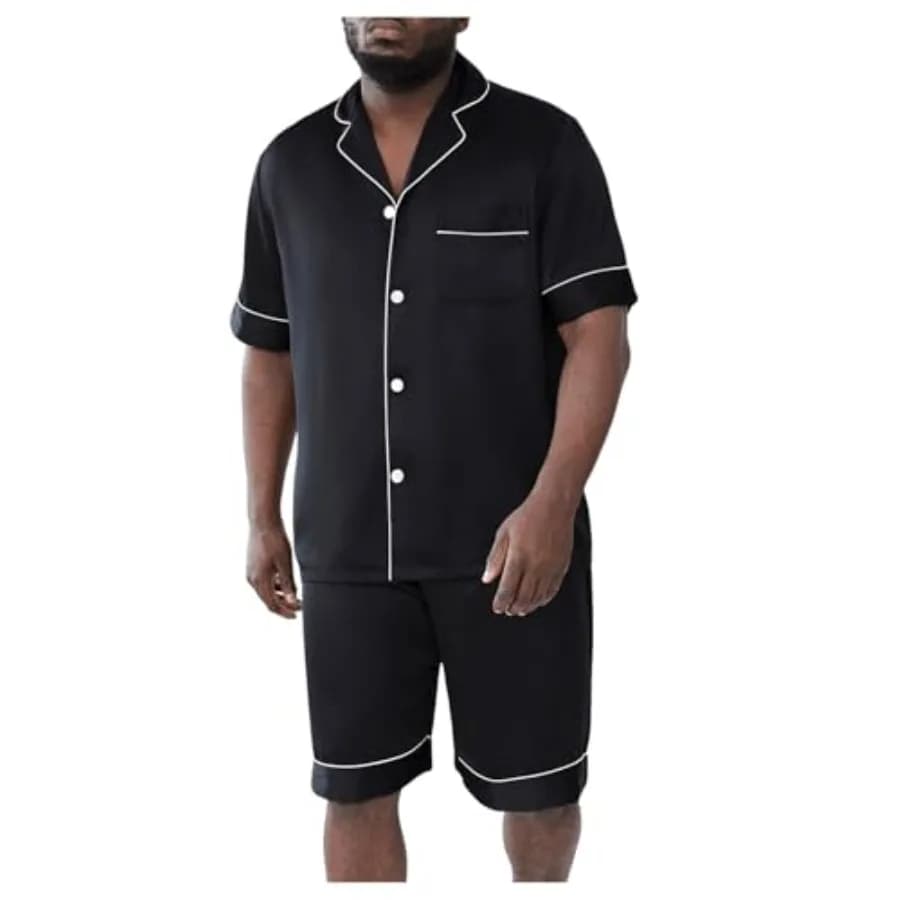 Pigiama da uomo WDIRARA in raso, completo di camicia a maniche corte con bottoni e pantaloncini.