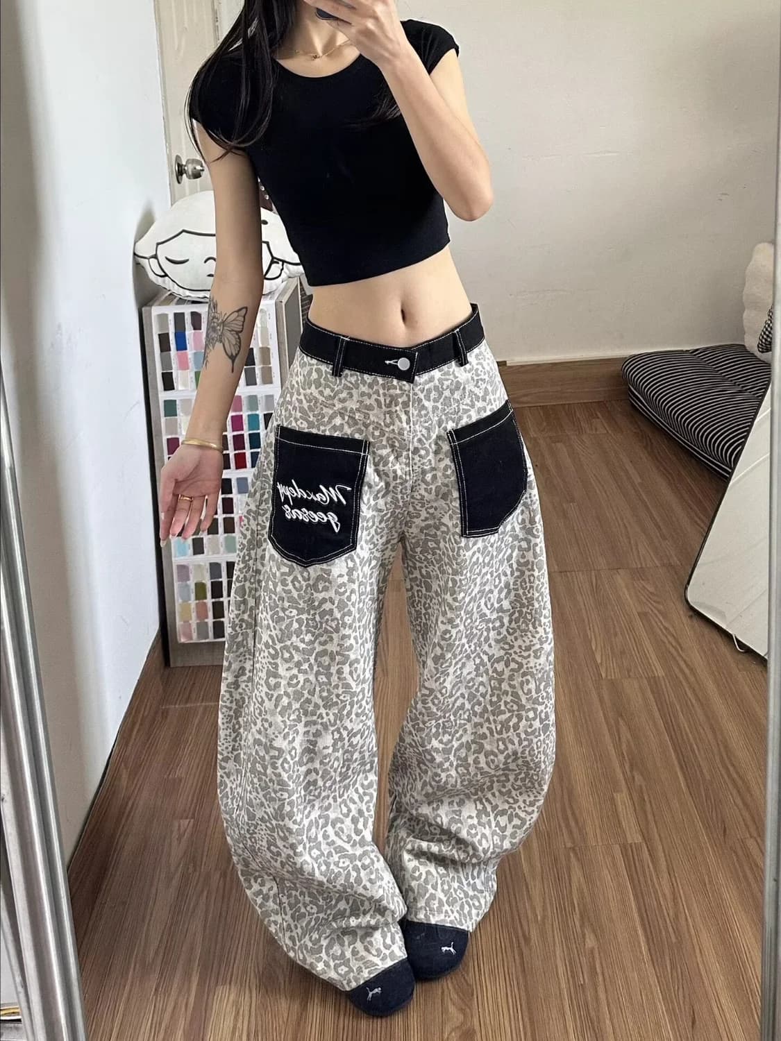 American Retro Leopard Print Patchwork Pocket Denim Jeans Women Summer New Loose Street Wide Leg Casual Long Trousers