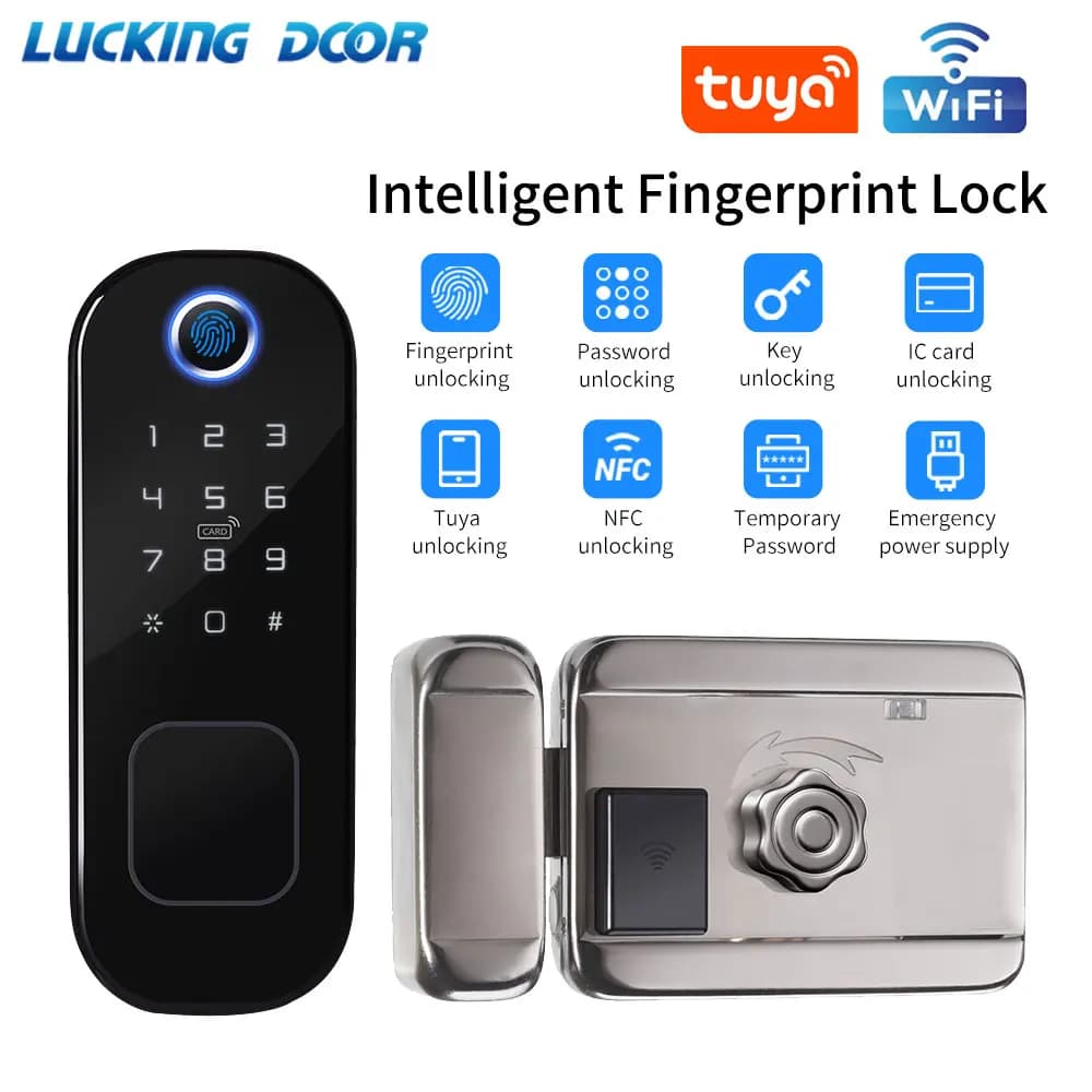 Tuya Smart Fingerprint Door Lock Sblocco Wifi antipioggia tramite app Smart Life/Password/Scheda RFID/Chiave metallica/Serratura elettrica con impronta digitale