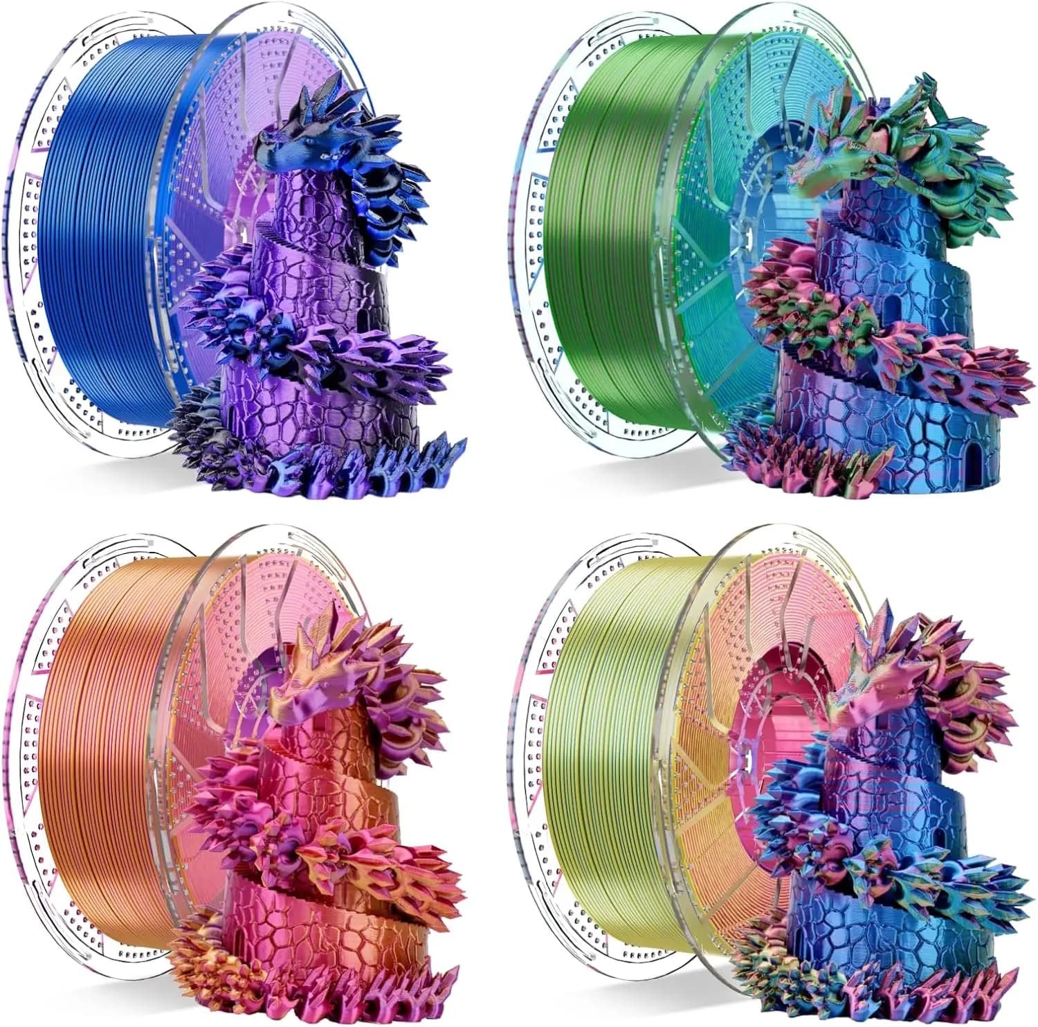 Filamento PLA Tricolore Effetto Seta per Stampante 3D 1.75mm, Bobina Riutilizzabile Compatibile con Ricariche Bambulab, Confezione Natalizia 4KG Rosso Giallo Blu Nero Viola Oro Verde