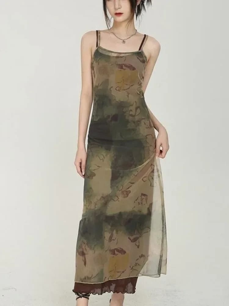 Women's Sexy Y2k Aesthetic Spaghetti Strap Maxi Dresses Streetwear 2 Pieces Set Robe Dresses De Mujer 2025 Grunge Print Shirt Dress