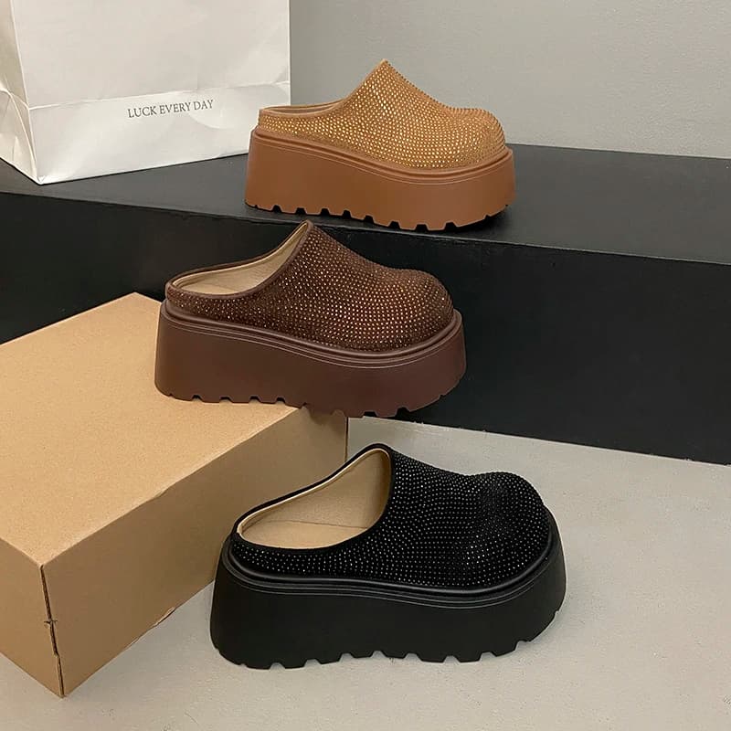 Mules Women's Shoes Wedge Casual Slippers Cover Toe Slides Crystal Decorated Thick Soled Comfortable Versatile Women's Slippers