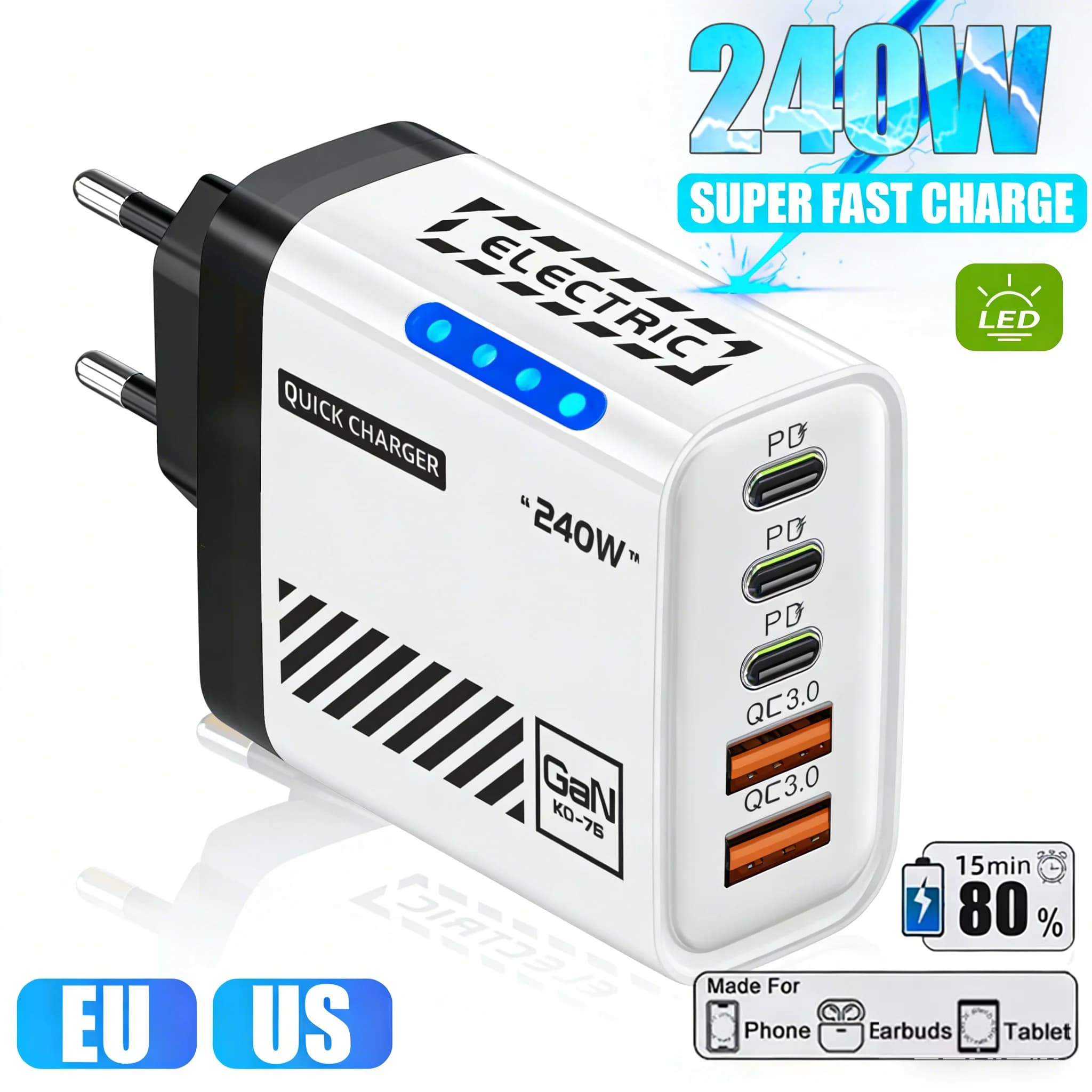 Caricatore da Viaggio GaN 240W con 5 Porte USB C PD3.0 QC3.0, Adattatore da Muro Rapido Universale per iPhone Samsung Xiaomi