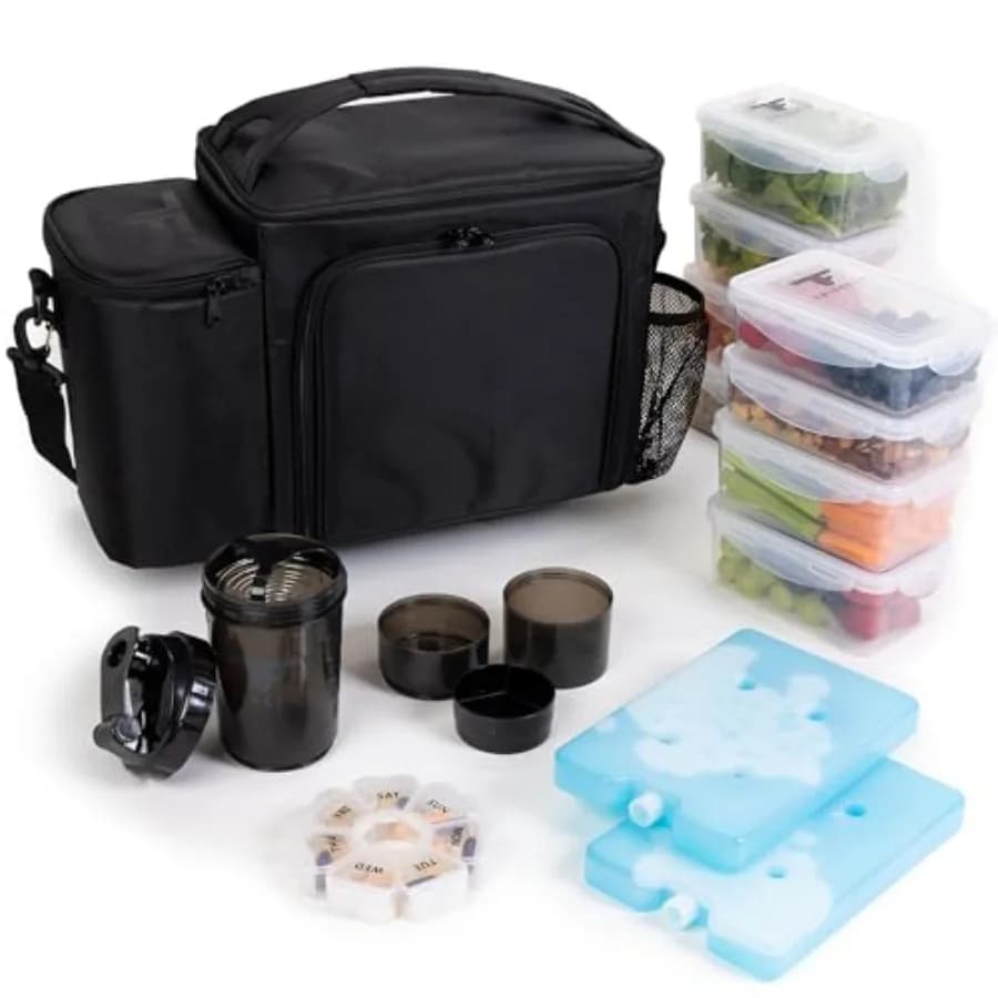 Borsa Termica Grande Nera per il Pranzo con 8 Contenitori Portion Control, Dispenser per Pillole, Shaker e 2 Impacchi di Ghiaccio XL Riutilizzabili