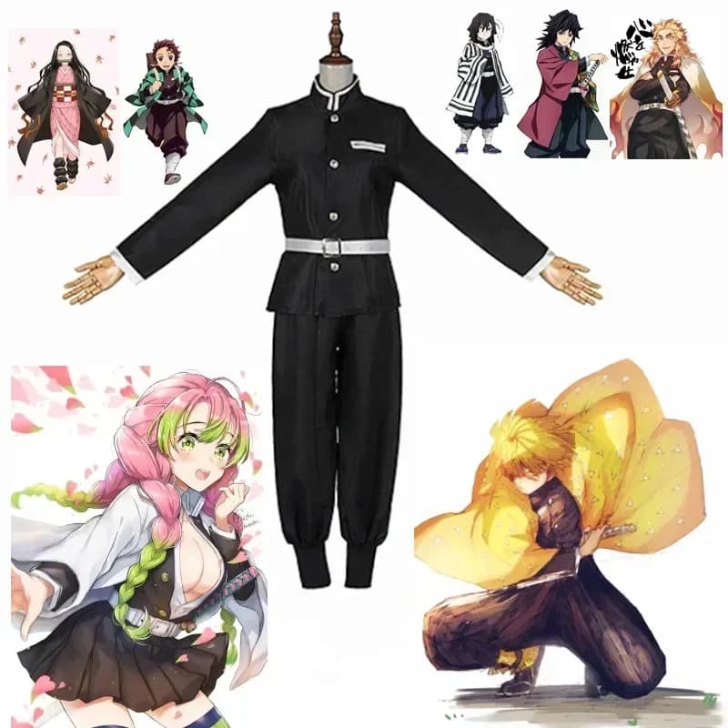 Anime Demone Slayer Kimetsu No Yaiba Tanjirou Kamado Costume Cosplay Top Giacca Pantaloni Nero Uniforme della Squadra Halloween Aldult Bambino