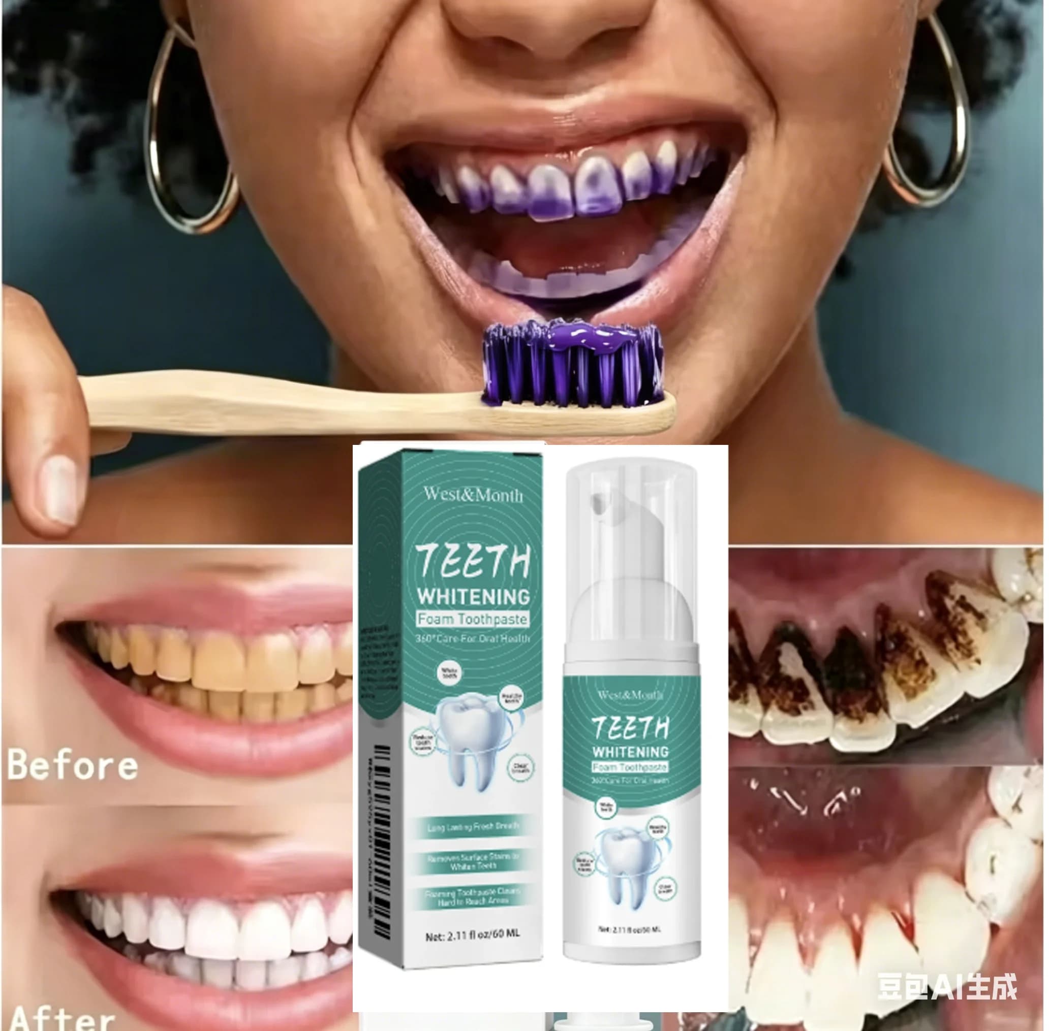 Dentifricio Sbiancante in Schiuma, Prevenzione Carie, Rimozione Placca, Protezione Gengive, Salute Orale, Alito Fresco, Mousse Riparatrice per Denti