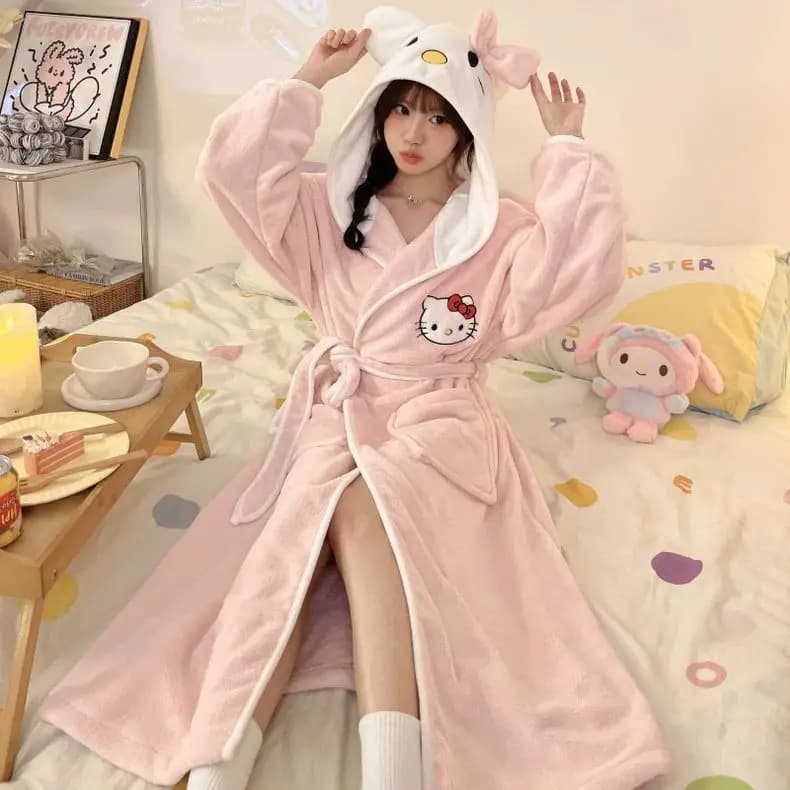 Kawaii Sanrio Character Hooded Bathrobe Kuromi Hello Kitty Cinnamoroll Warm Flannel Sleepwear Long Plush Robe with Belt Pockets