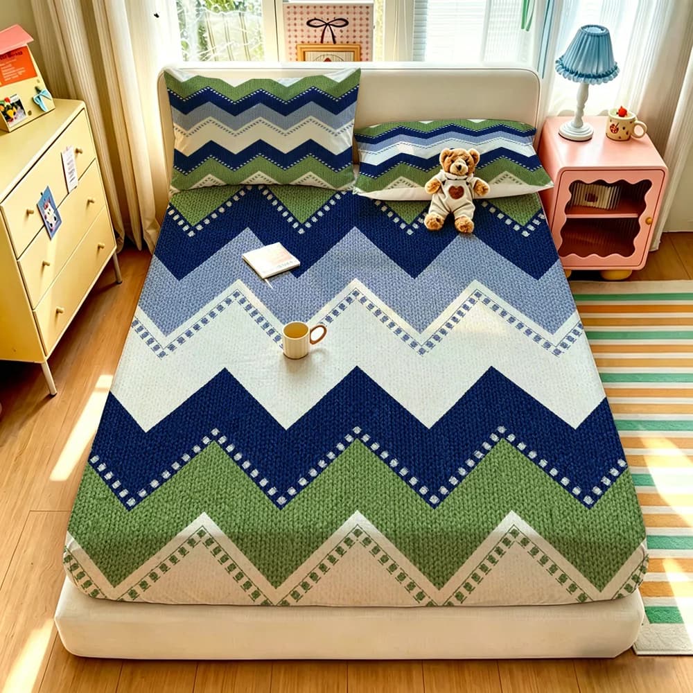 3PCS Color‑Blocked Sawtooth Pattern Bedding Set, 1 Duvet Cover + 2 Pillowcases, No Filling, Soft Comfortable Fabric, Machine