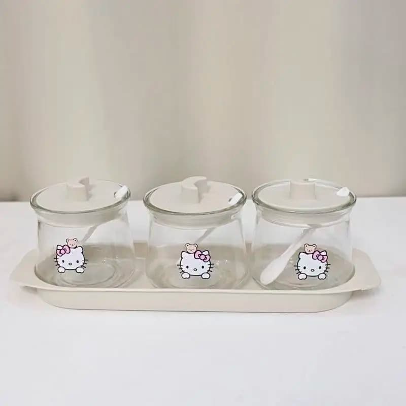 Set di barattoli in vetro Hello Kitty per spezie, dispenser per condimenti con coperchi e cucchiai, graziosi contenitori per sale, zucchero e pepe da cucina