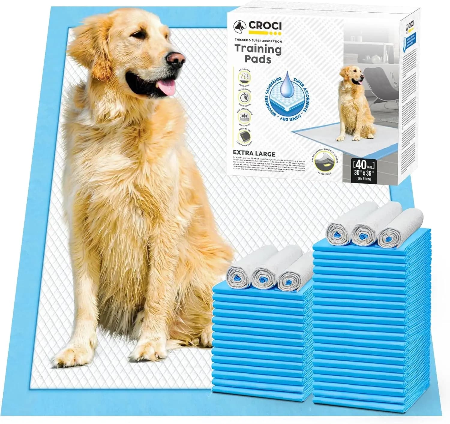 Tappetini Assorbenti Extra Large per Cani, 30x36 Pollici con Linguette Adesive, Contiene Fino a 8 Tazze, Usa e Getta (Confezione da 40)