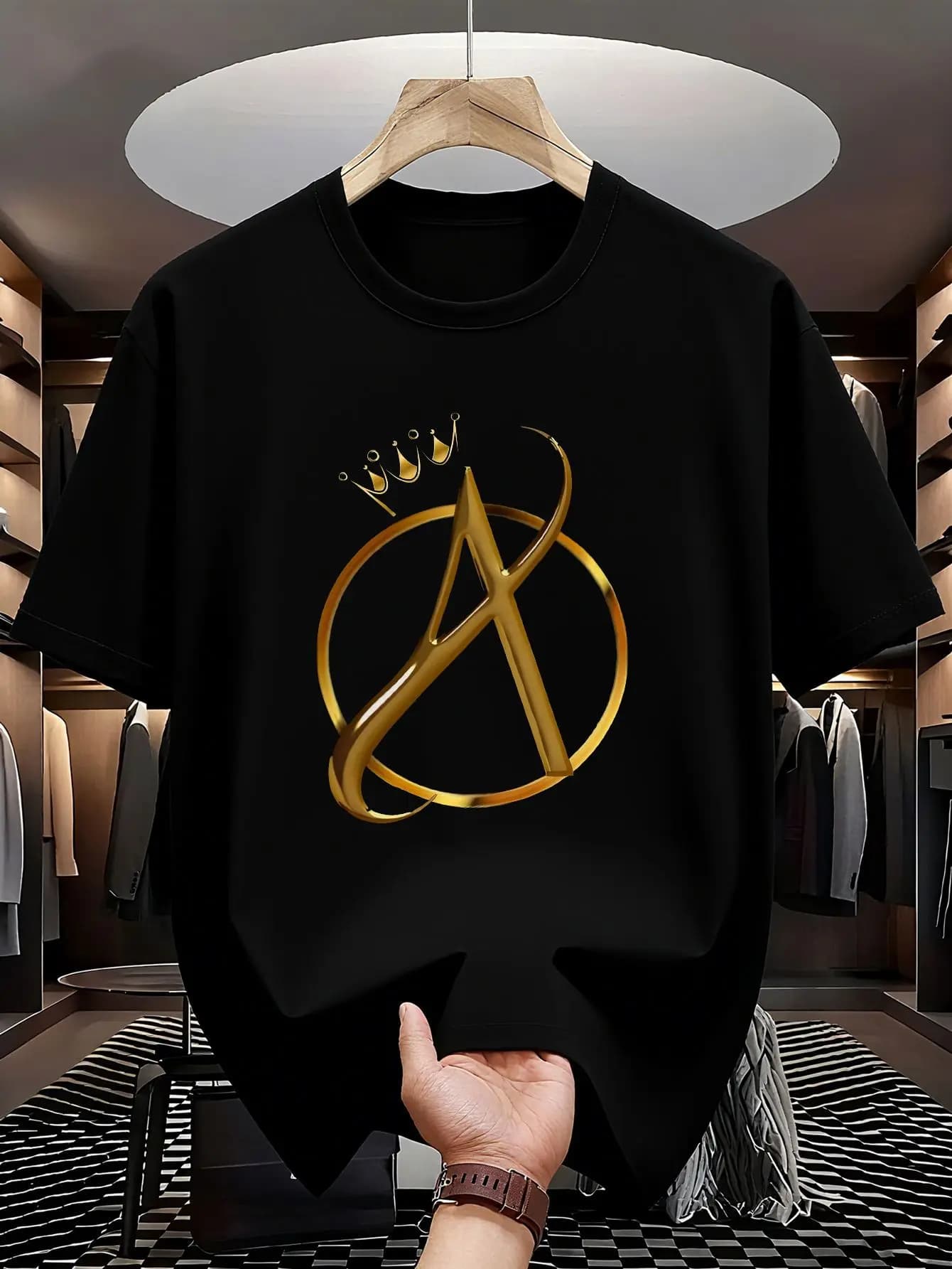 T-shirt da uomo con stampa grafica a corona dorata, 100% cotone traspirante, casual estivo, con stampa elegante