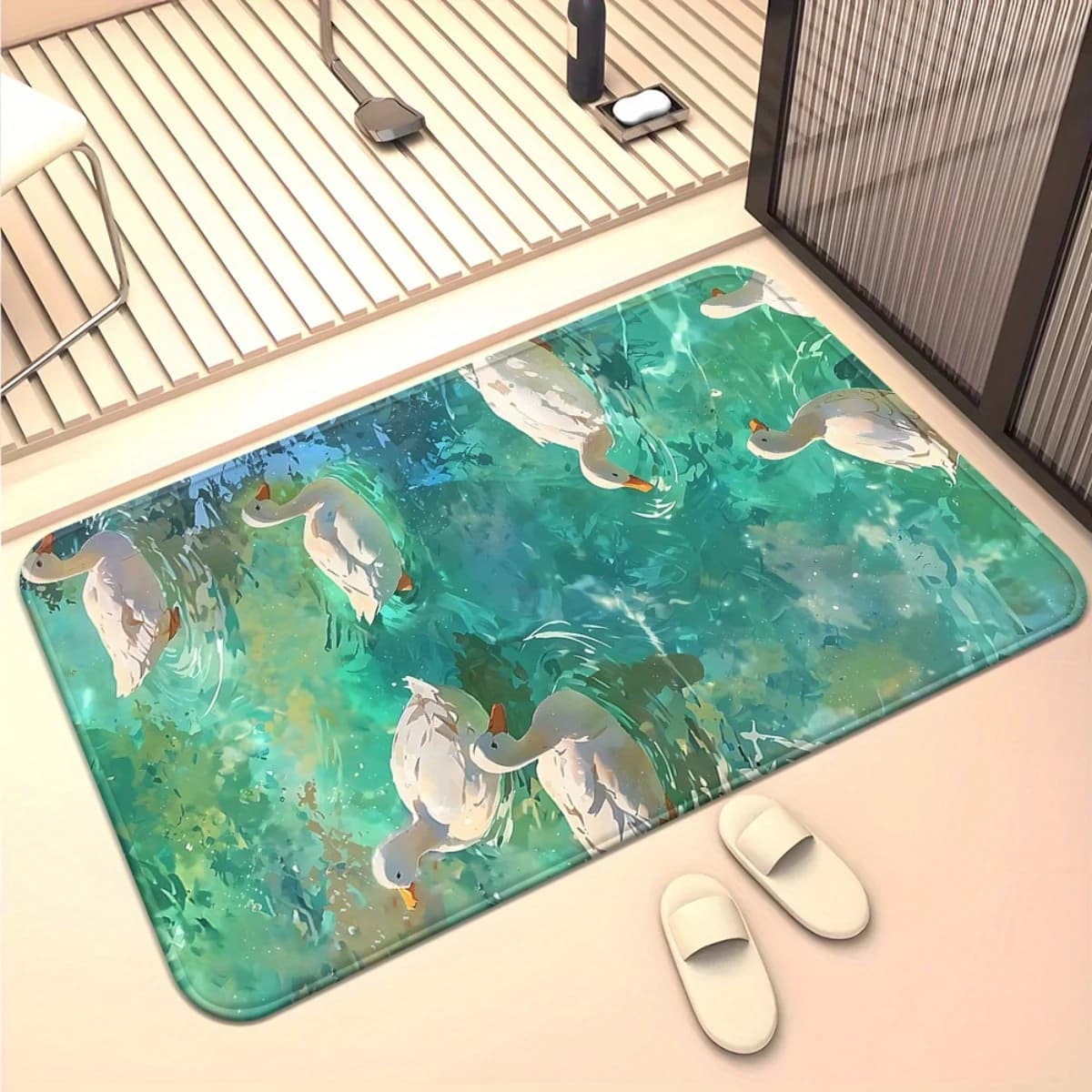 White Geese Swimming Doormat Serene Pond Scene Rug Non-Slip Tranquil Entrance Mat for Lakeside Cottage