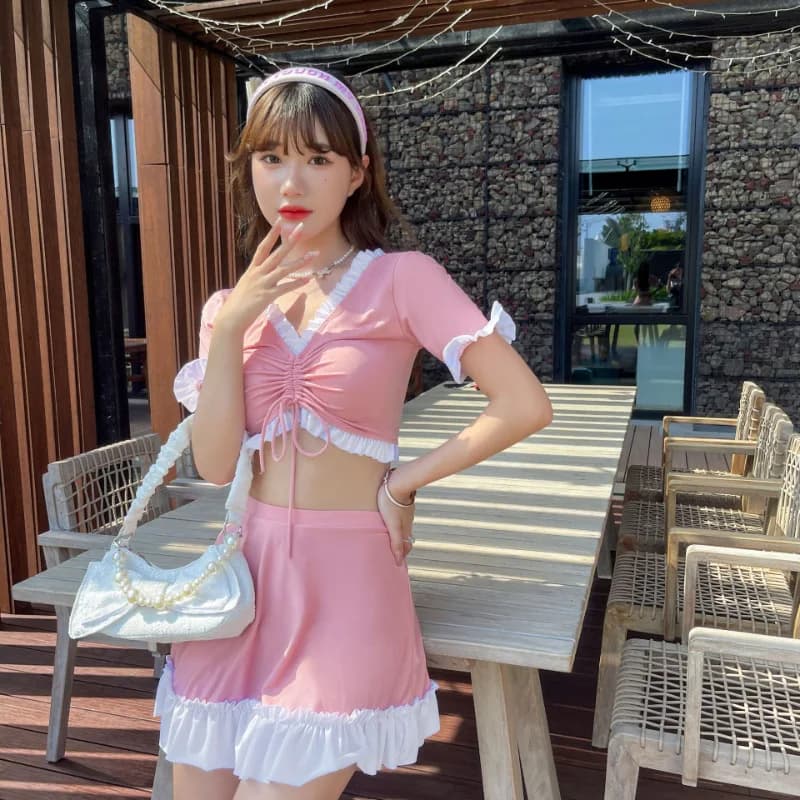 Costume da bagno da donna di fascia alta stile abito a vita alta dimagrante ragazza piccante piccolo petto che raccoglie costume da bagno primaverile caldo