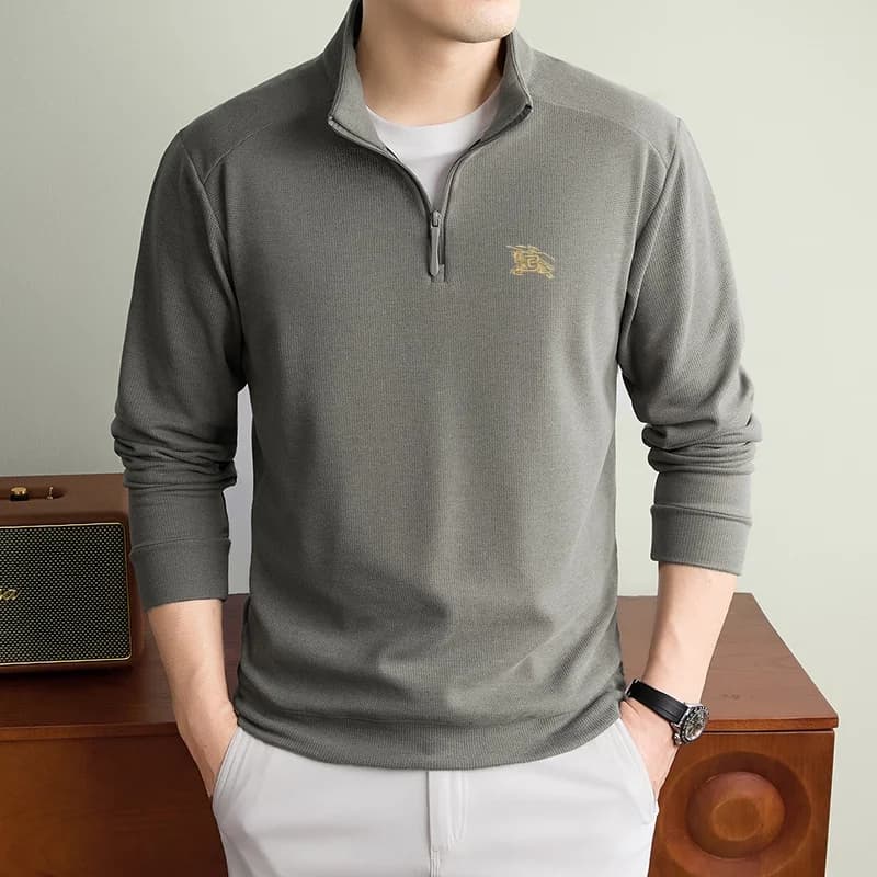 Classic Men Brand Equestrian Embroidery Design Original Zipper Half High Collar Sweater Fashion Autumn Daily Velvet Warm T-shirt