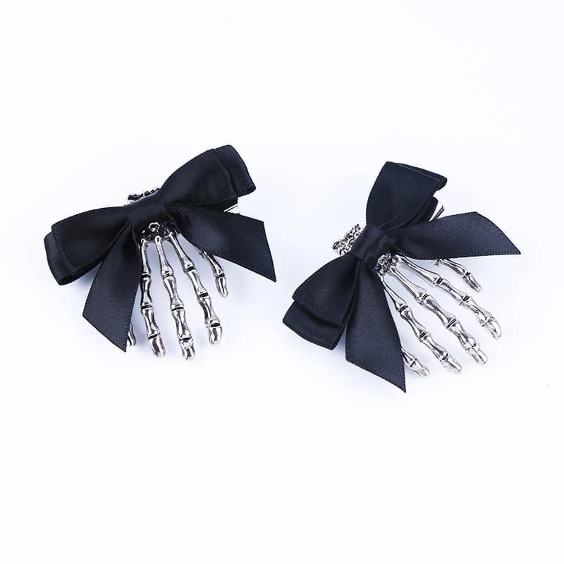 Black trendy hair clip with ribbon and skull bow, for woman, girl, Halloween punk style