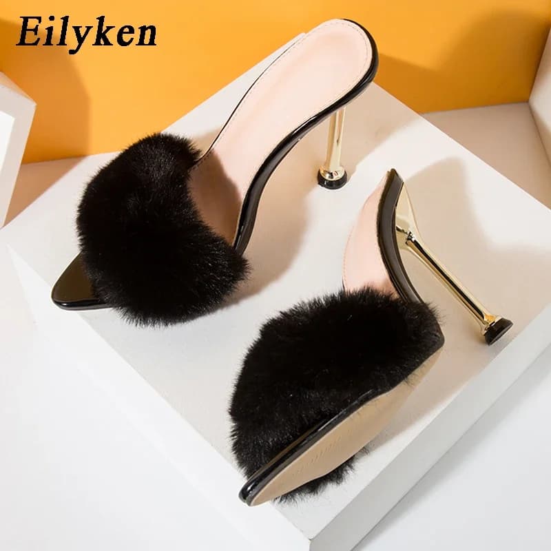 Eilyken Summer Fashion Design Pelliccia soffice Punta a punta Pantofole da donna Tacchi a spillo Ciabatte Scarpe da donna