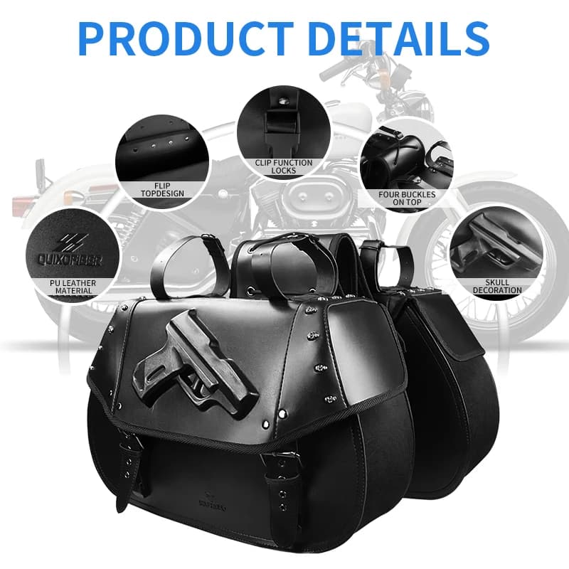34L Universal Motorcycle PU Leather Saddlebags, Punk Gun Pattern Hard Shell Side Luggage Bags Waterproof Heat Resistant with Quick Release Buckles No Drill Mount Straps Fit for Harley Suzuki Kawasaki