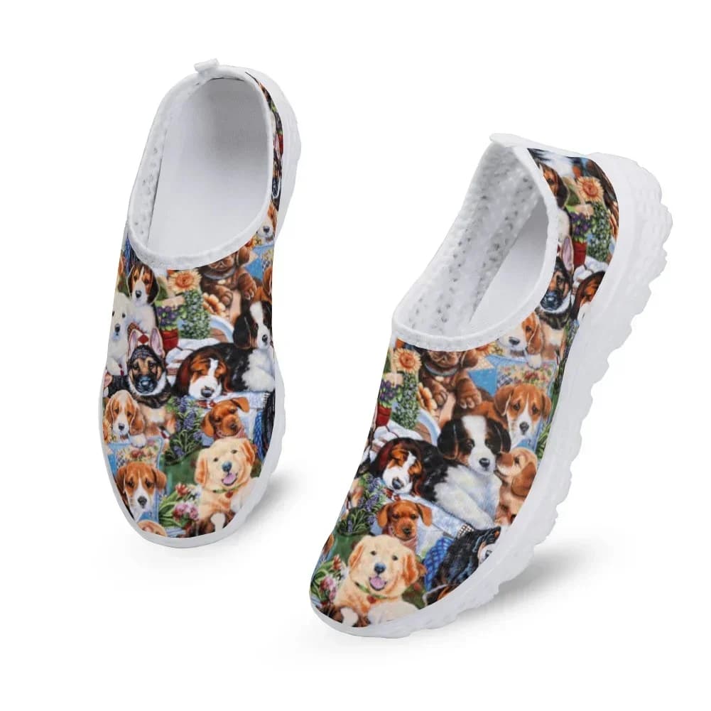 Sneakers in rete traspirante AF per donna, scarpe basse femminili con stampa di cani carini, mocassini morbidi estivi slip-on