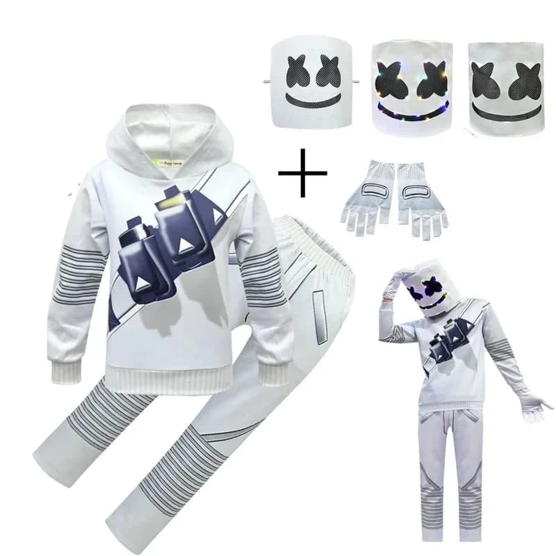 Cosplay Costume Halloween DJ Marshmellosing Dress Up with Mask Hoodies Pants Suit Carnival Party Electric Concert