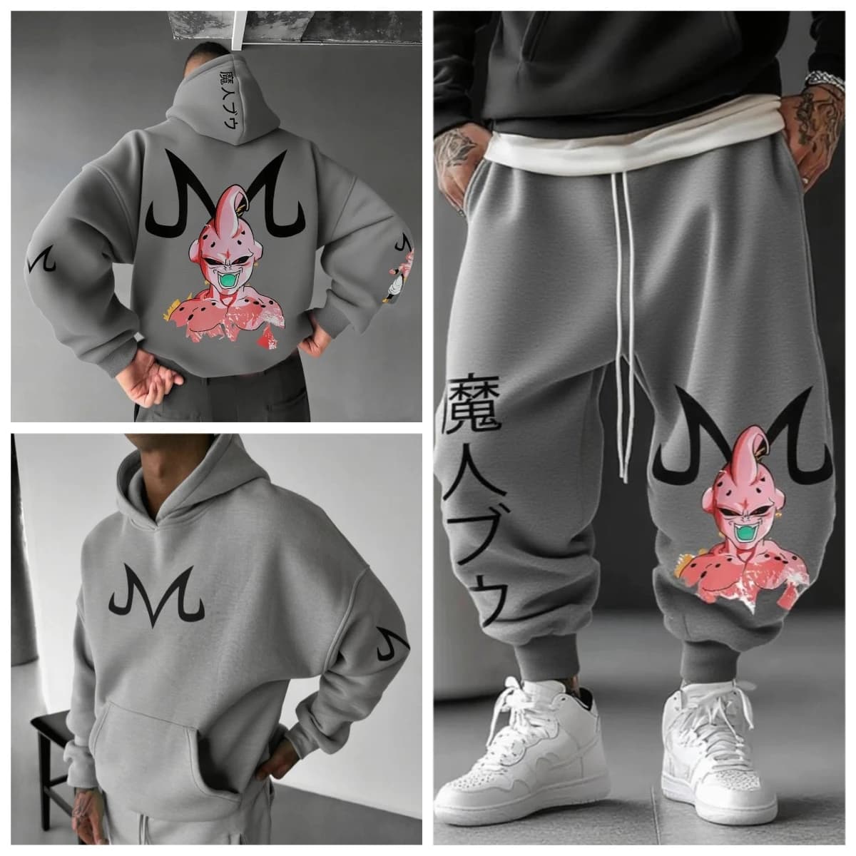 Majin Buu Felpa con cappuccio Pantaloni Set Anime Cotone Vestibilità ampia Stampa grafica unisex Streetwear Felpa casual Jogging Personaggio dei cartoni animati