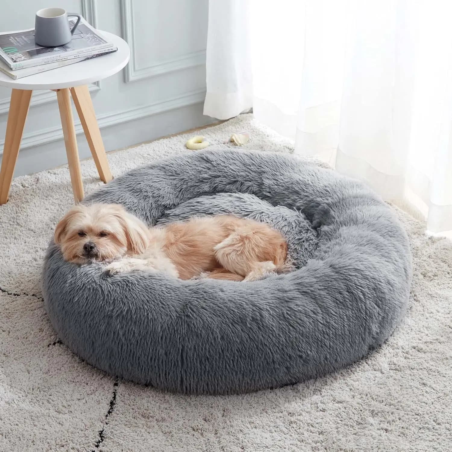 Cuccia Calmante a Forma di Ciambella per Cani e Gatti, Letto Rotondo Antiansia Riscaldante e Morbido con Pelliccia Sintetica (20"/24"/27"/30")