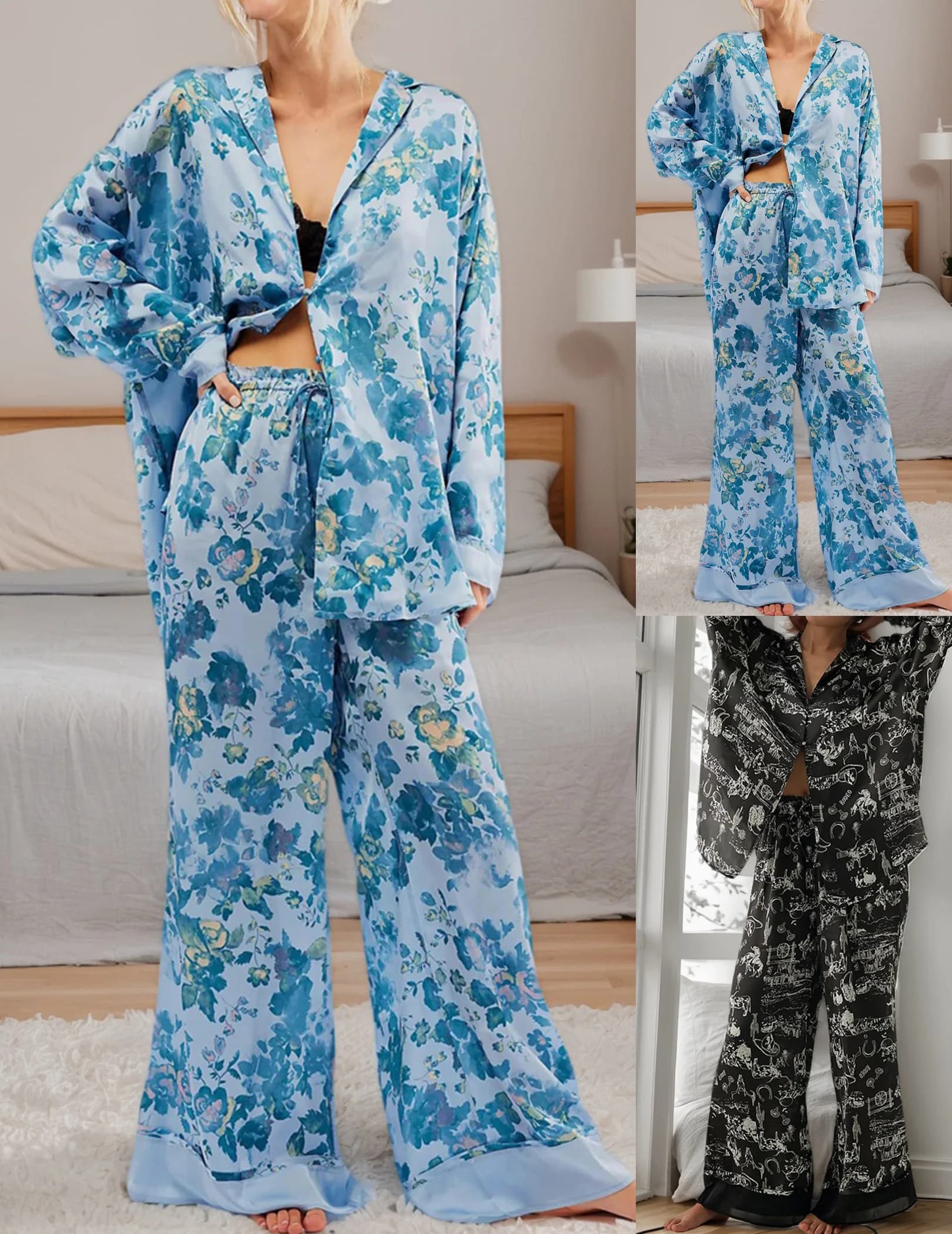 Pigiama da donna in raso Set camicie abbottonate Pantaloni a gamba larga Pjs Pigiama di seta floreale Set da salotto in 2 pezzi Indumenti da notte