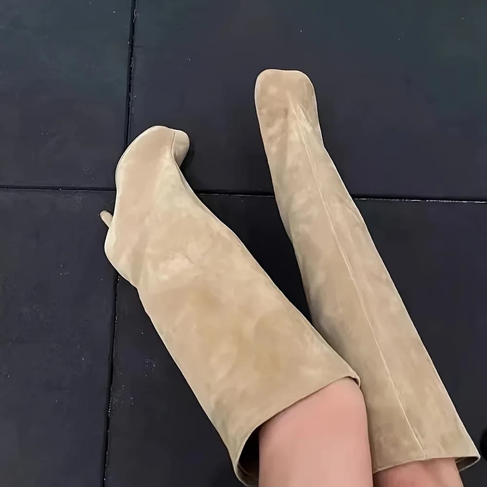 2026 Women's Suede High Knee Boots Fashion Square Toe Pumps Slender High Heels Pull On Party Dress Sexy Long Boots Woman