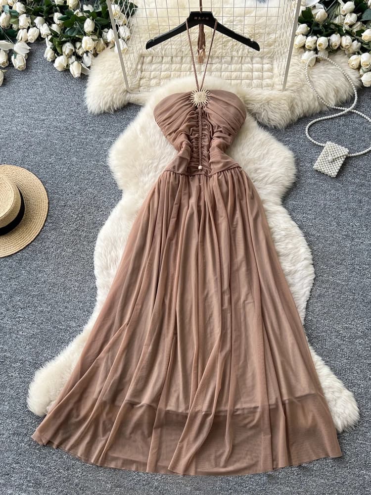 Vacation Style Sunflower Off-Shoulder A-Line Long Skirt Women Summer Slimming Mesh Dress Korean Style High Waist Gown