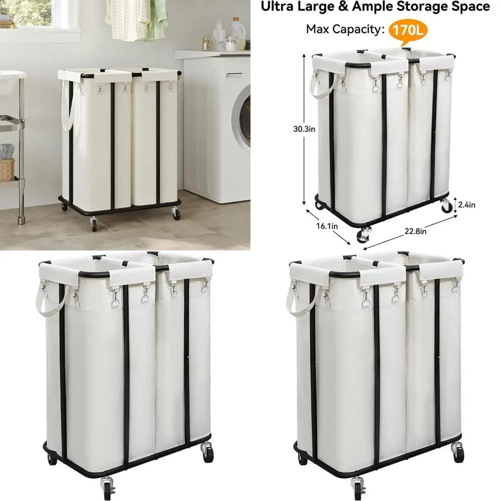 Cesto Portabiancheria Grande da 170L con Ruote, Telaio in Acciaio e Sacchi Rimovibili per Dormitorio o Camera da Letto (Beige)