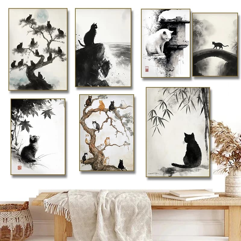 （2D Tin painting）Japanese Black Cat Bamboo Art Poster Canvas Print Zen Ink Wash Painting on Pine Tree for Living Room Home De