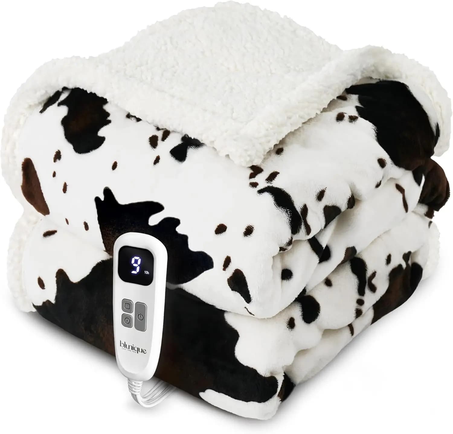 Coperta Riscaldata con Stampa Mucca, Misura Twin, 10 Livelli di Calore, Spegnimento Automatico, in Pile Sherpa Lavabile, 62x84 Pollici