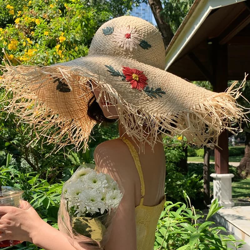 Women Hand Woven Raffia Straw Hat Floral Embroidery Wide Brim Frayed Edge Uv Protection Summer Beach Cap For Seaside Vacation