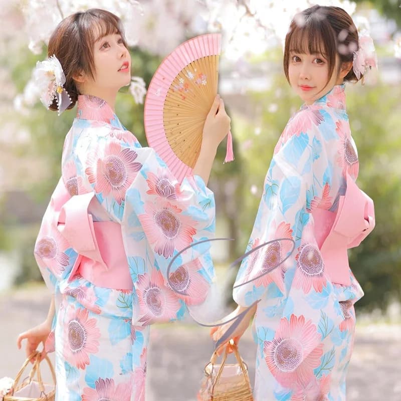 Pink Sunflower Women's Kimono Dress Photography Shoot Traditional Japanese Bathrobe Modern Revamped Version Youthful Elegant