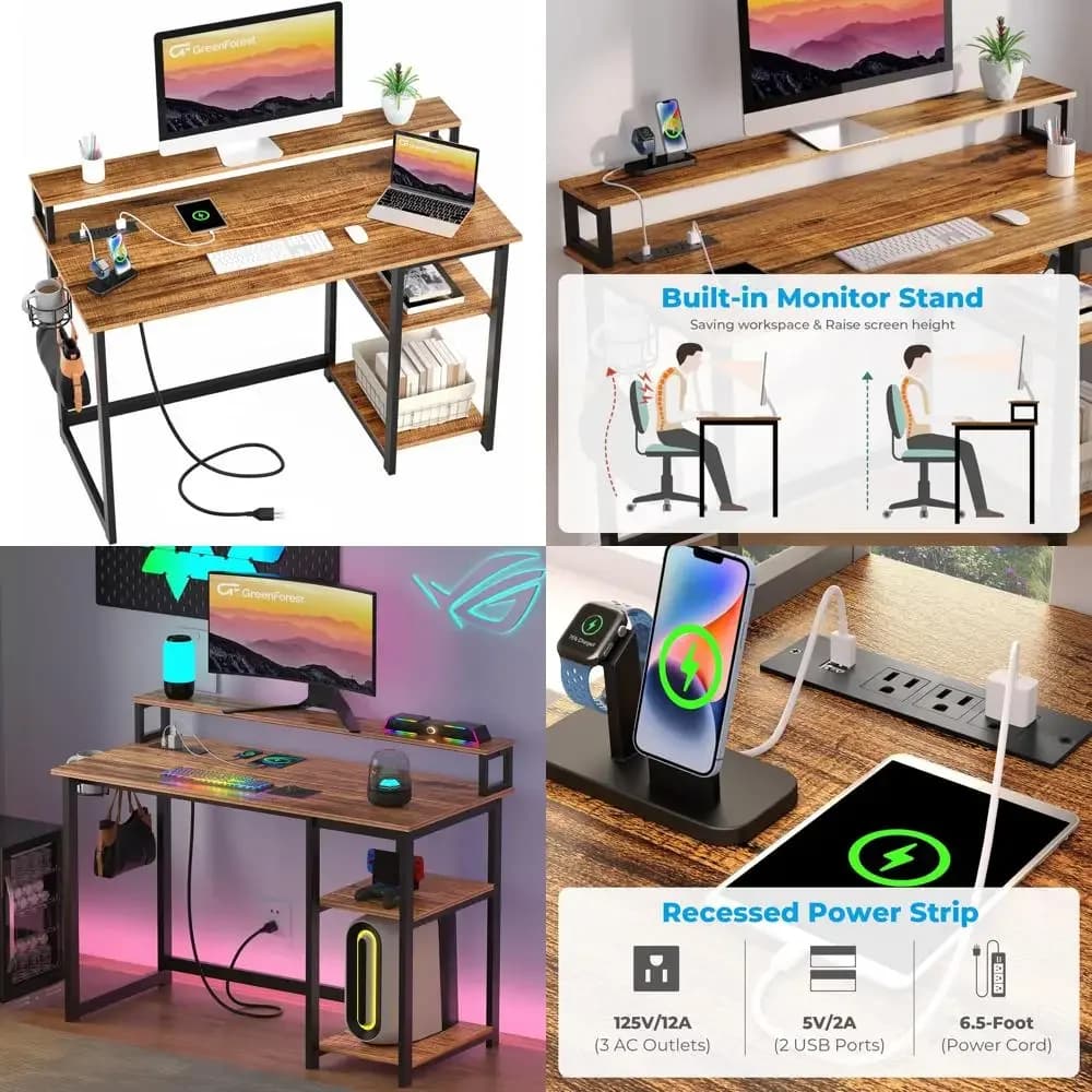 47 inch ergonomic computer desk for small home office with monitor and power sockets support, reversible gaming desk for convenience