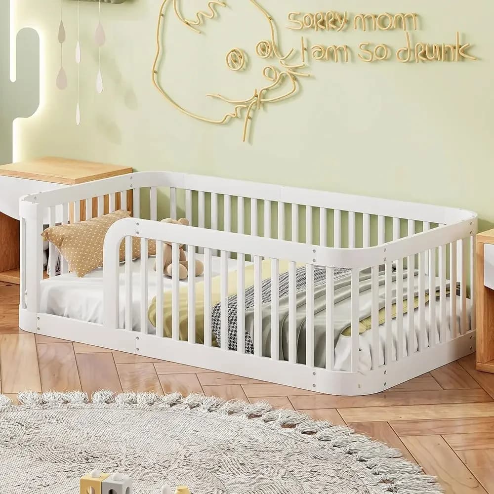 Letto a pavimento Montori per bambini, dimensione Twin, in legno massello per ragazze e ragazzi, facile da montare, bianco