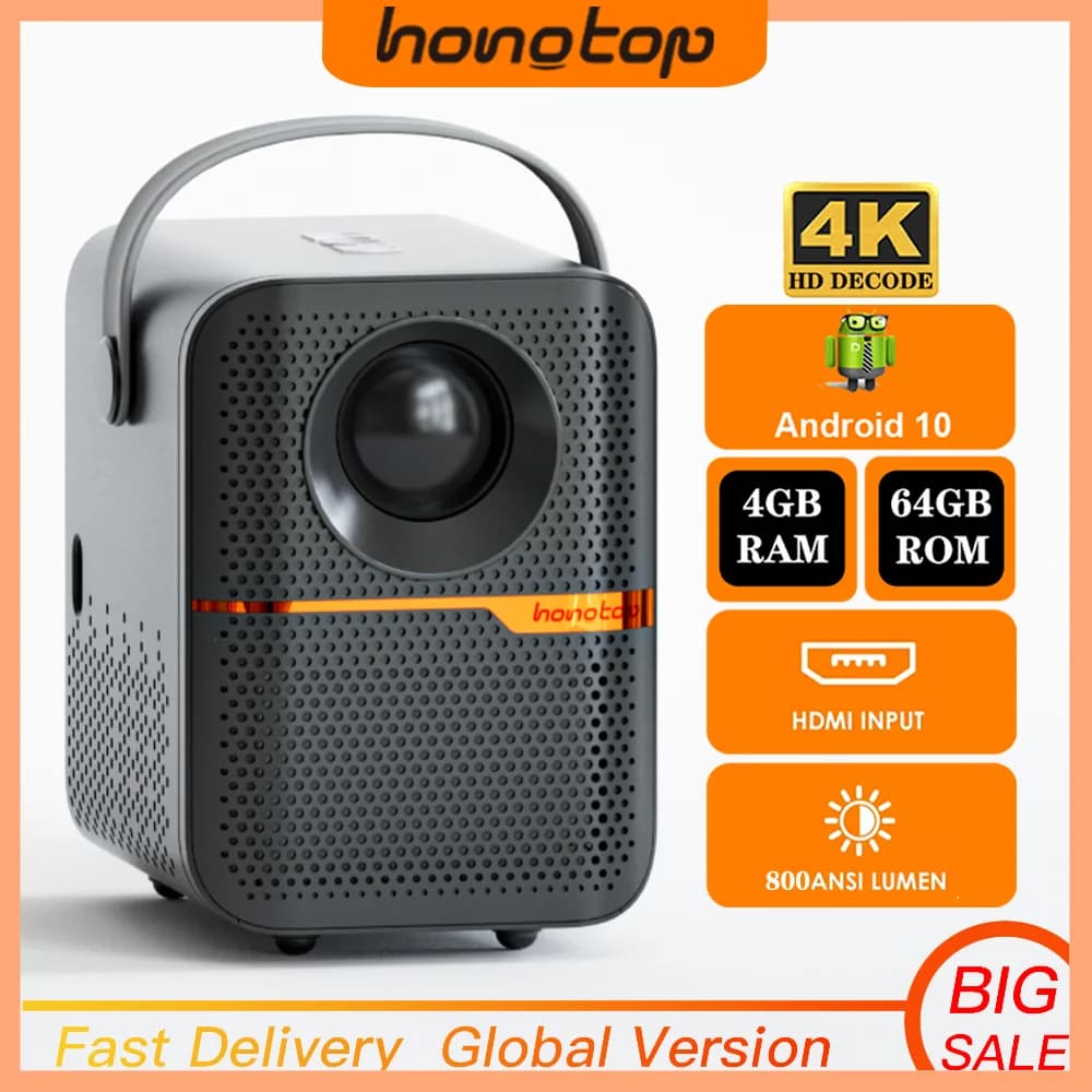 HONGTOP P10 Smart 4K Android WiFi Portable 1080P Home Theater Video LED Bluetooth Mini Projector 4GB 64GB Android 10 Projector