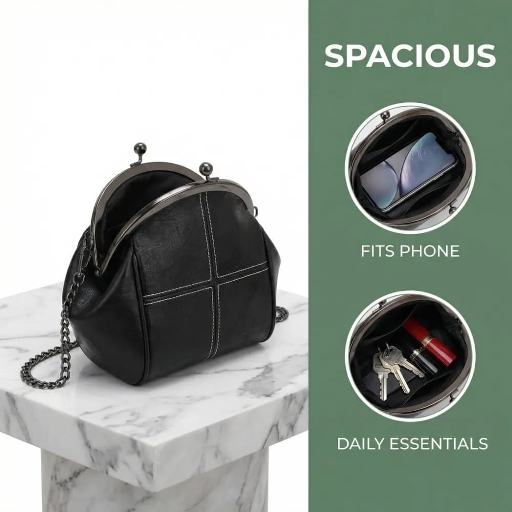 Borsa a tracolla in pelle PU tinta unita con chiusura a clip, tracolla a catena e manico corto, pochette portamonete