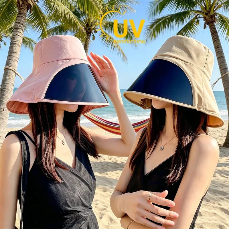 Cappello a secchiello da donna con visiera extra larga e protezione per il viso, cappello solare UV a copertura totale per la pesca in spiaggia, berretto regolabile