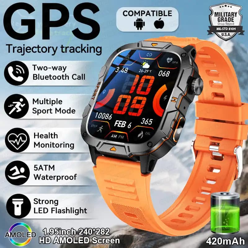 Orologio intelligente GPS da uomo militare Chiamata Bluetooth Orologio fitness Cardiofrequenzimetro 5ATM Nuotare Smartwatch sportivi impermeabili per Xiaomi 2025