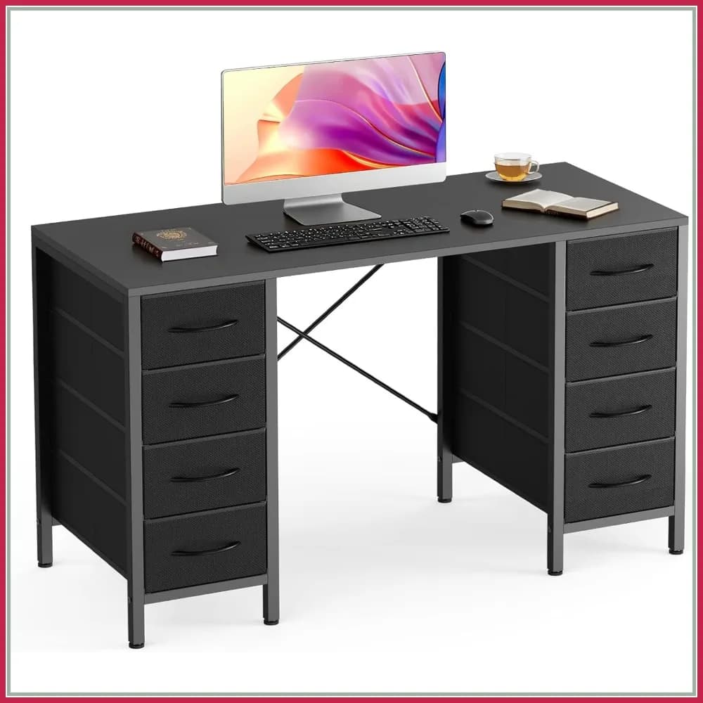 Scrivania per Computer da 47 Pollici con 8 Cassetti in Tessuto, Tavolo da Gaming per Ufficio, Scrivania per Studio, Struttura Rinforzata a X, Nero