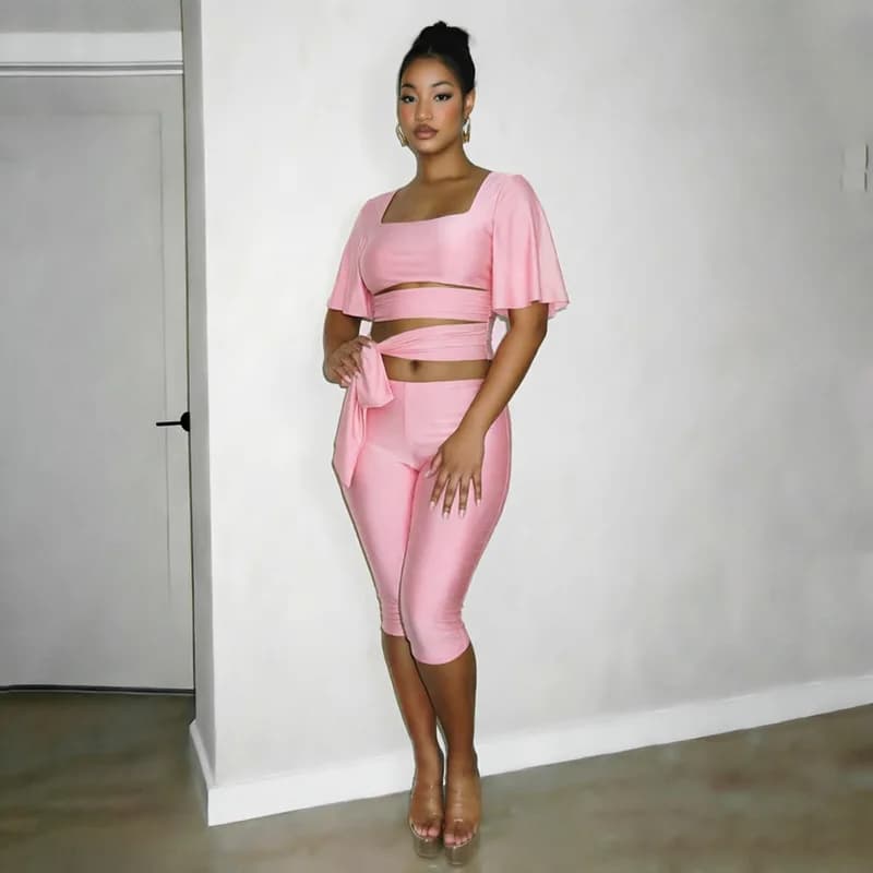Women Fashion Shiny Slim 2 Piece Set U-neck Short Sleeve Hollow Out Lace Up Crop Tops + Skinny Knee Length Pants Casual Suits