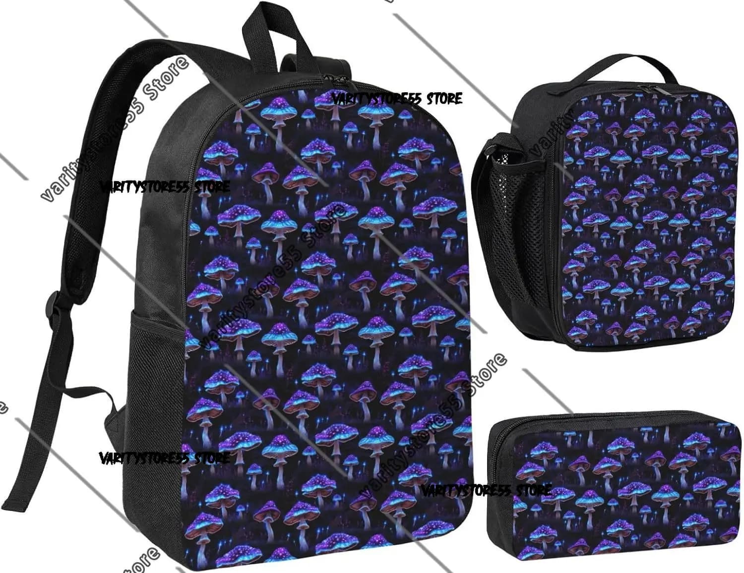 Purple Psychedelic Mushrooms Backpack Crossbody Lunch Bag Pencil Case 3Pcs Set Shoulder Bag With Insulated Lunch Box Pen Bags