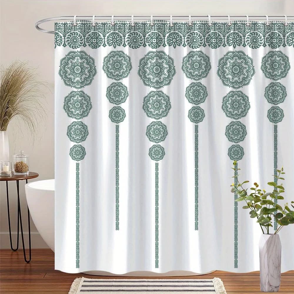 Tenda da doccia Mandala - Verde acqua, indiana moderna, 70 pollici, bianco e verde, poliestere, 12 ganci, lavabile in lavatrice, elegante decorazione da bagno