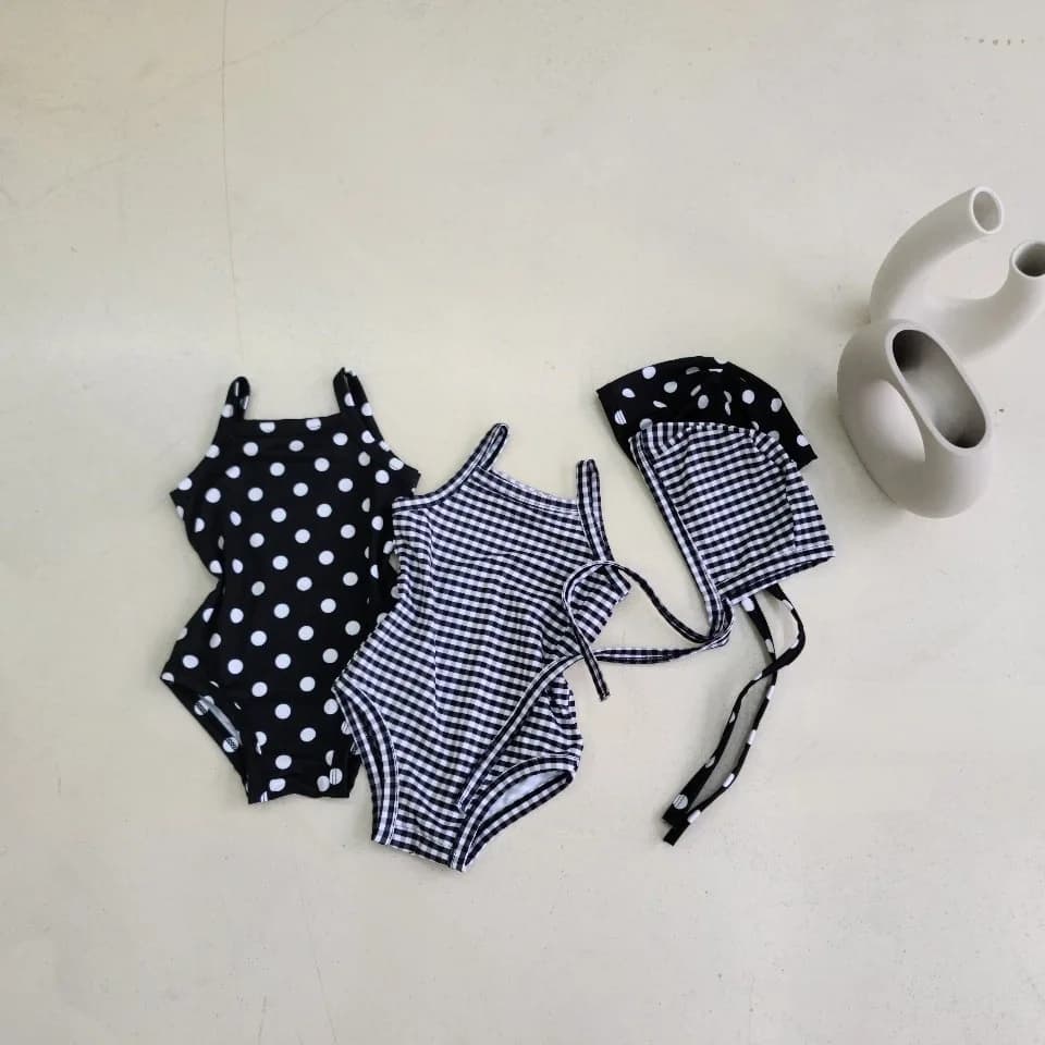2025 nuove neonate carino plaid dot stampa costume intero + cappello neonato senza maniche fionda costume da bagno infantile costumi da bagno per bambini
