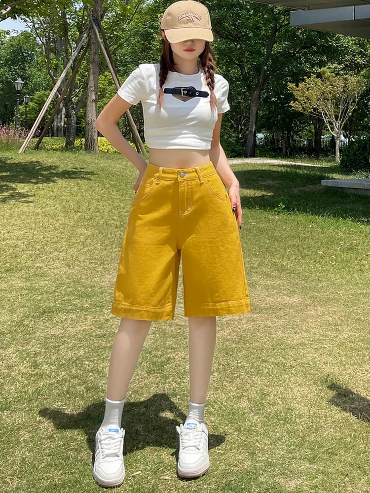 High Waist Straight Leg Denim Shorts Women's Summer Thin Loose Slimming Wide Leg Five-Quarter Pants Casual Loose Fit Jeans