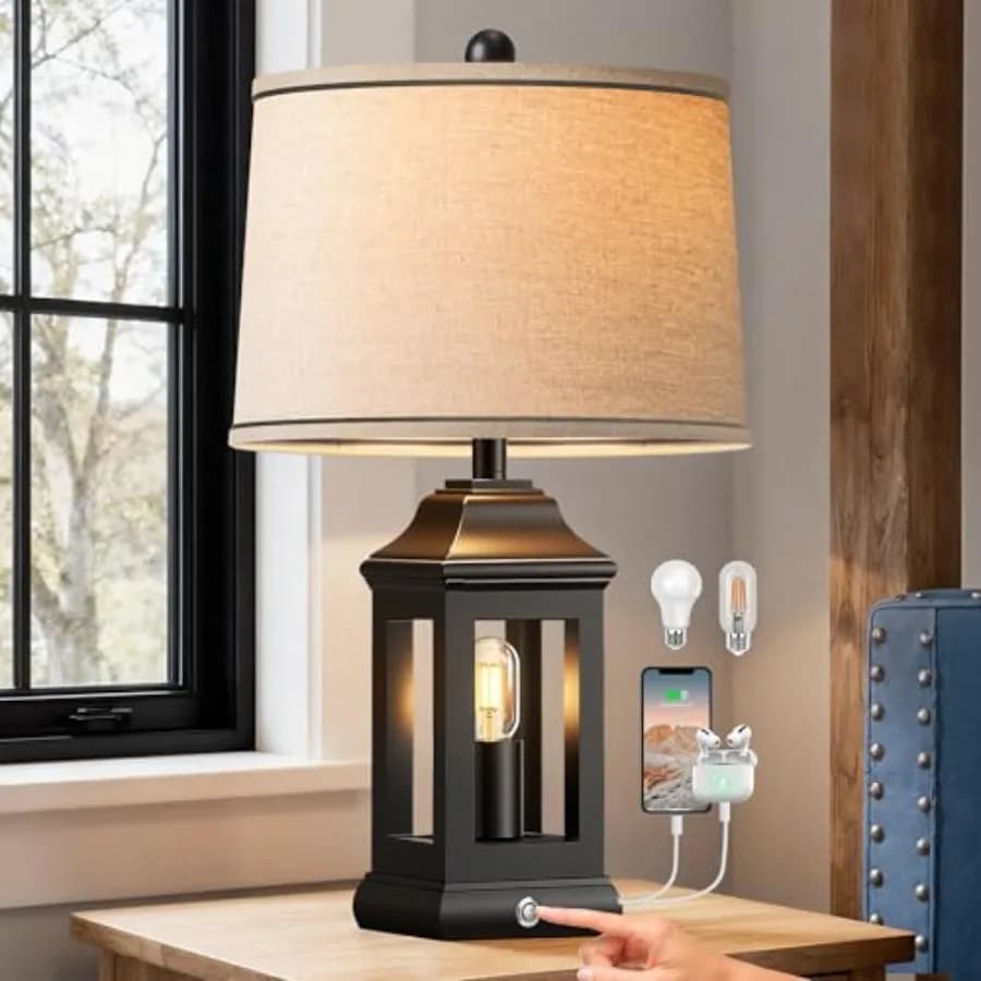 Lampade da Tavolo Rustiche Stile Fattoria da 24 Pollici per Soggiorno, Confezione Singola, Dimmerabili al Tocco, Lampade da Comodino Vintage con Porte USB A+C