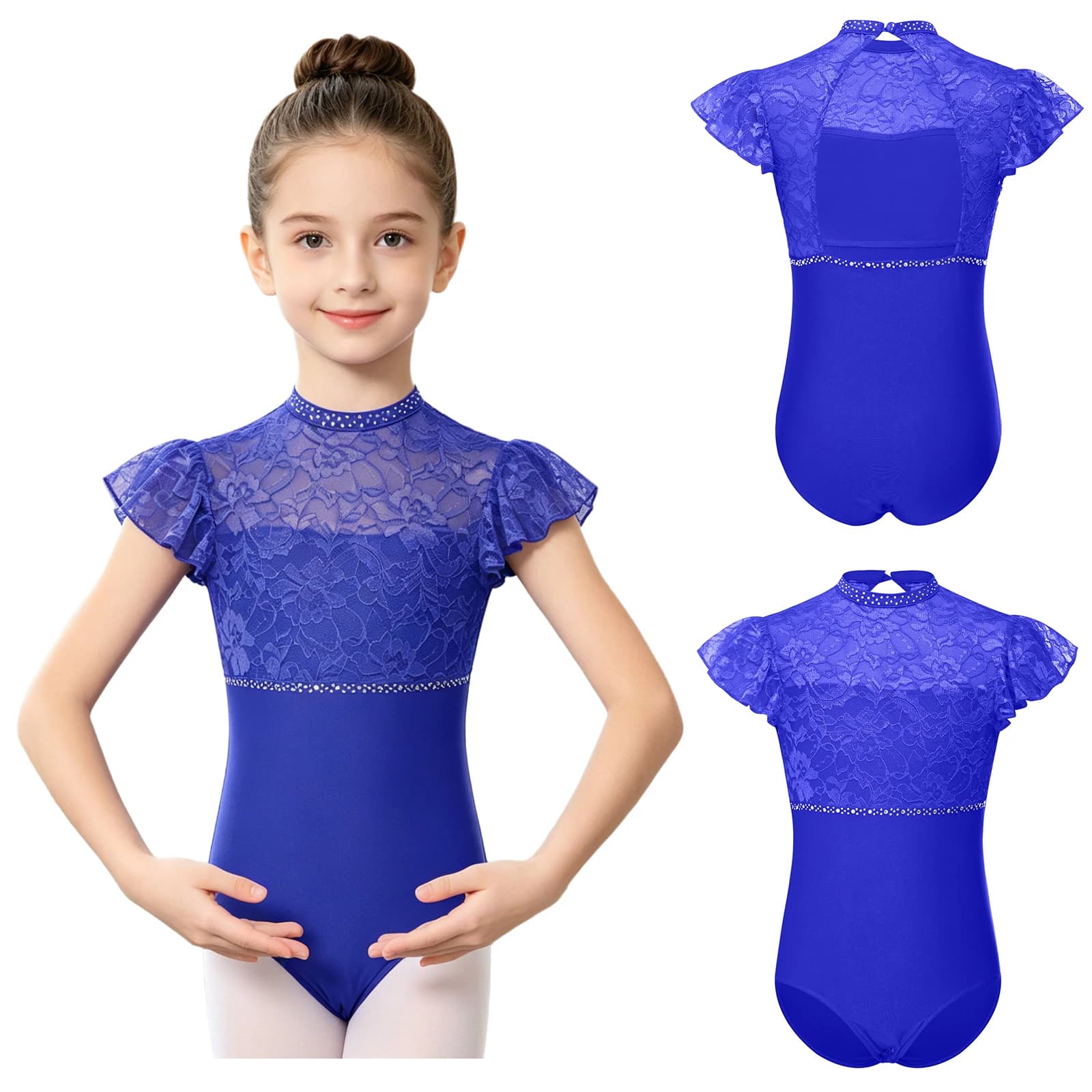 Body da Danza Classica per Bambine con Pizzo, Volant, Senza Maniche, Schiena Scoperta e Strass, Ideale per Pattinaggio Artistico, Gala ed Eventi