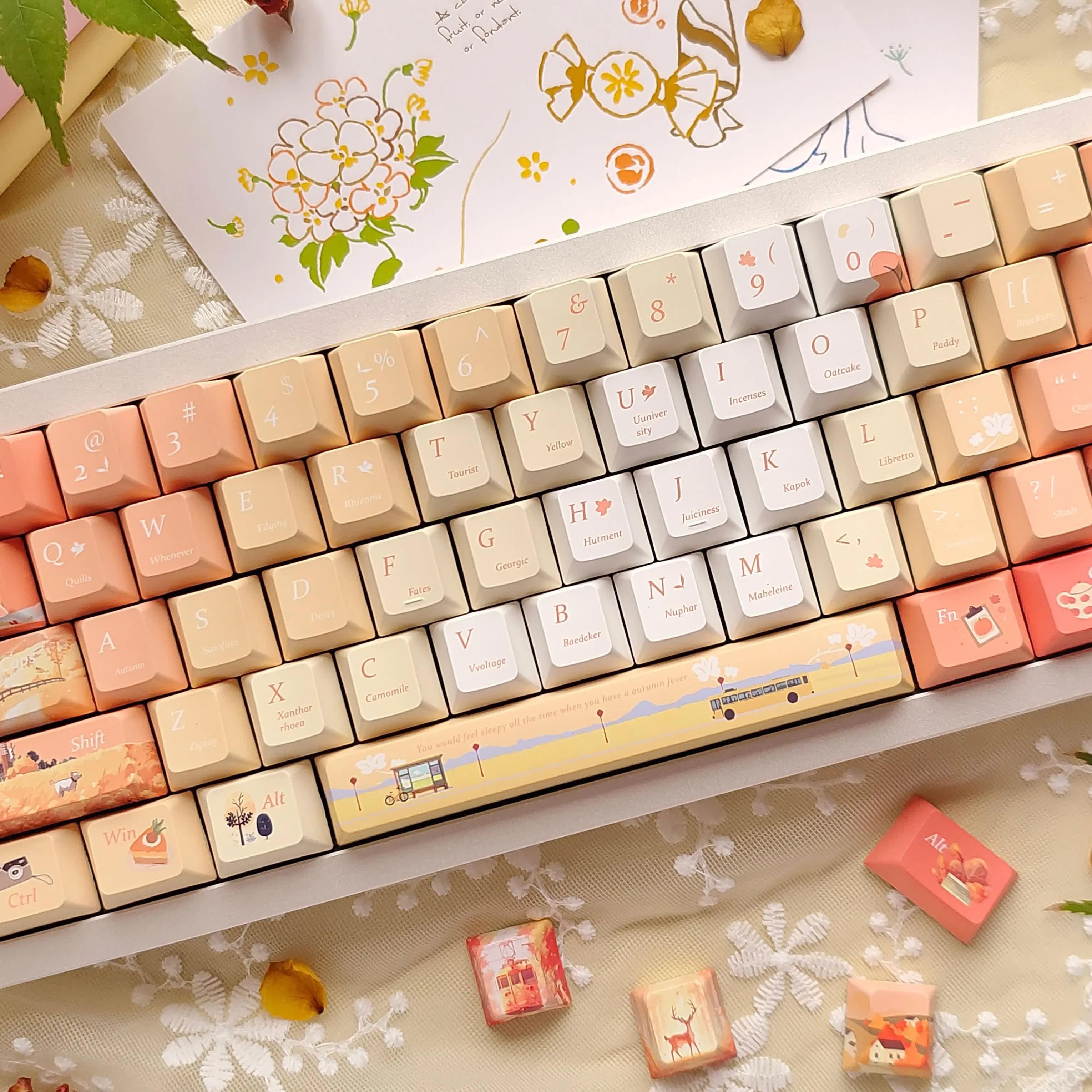 Passa al Keycap a tema autunnale QX3 Cherry Profile Orange Yellow Gradient Maple Leaf Element PBT Keycaps per tastiera meccanica