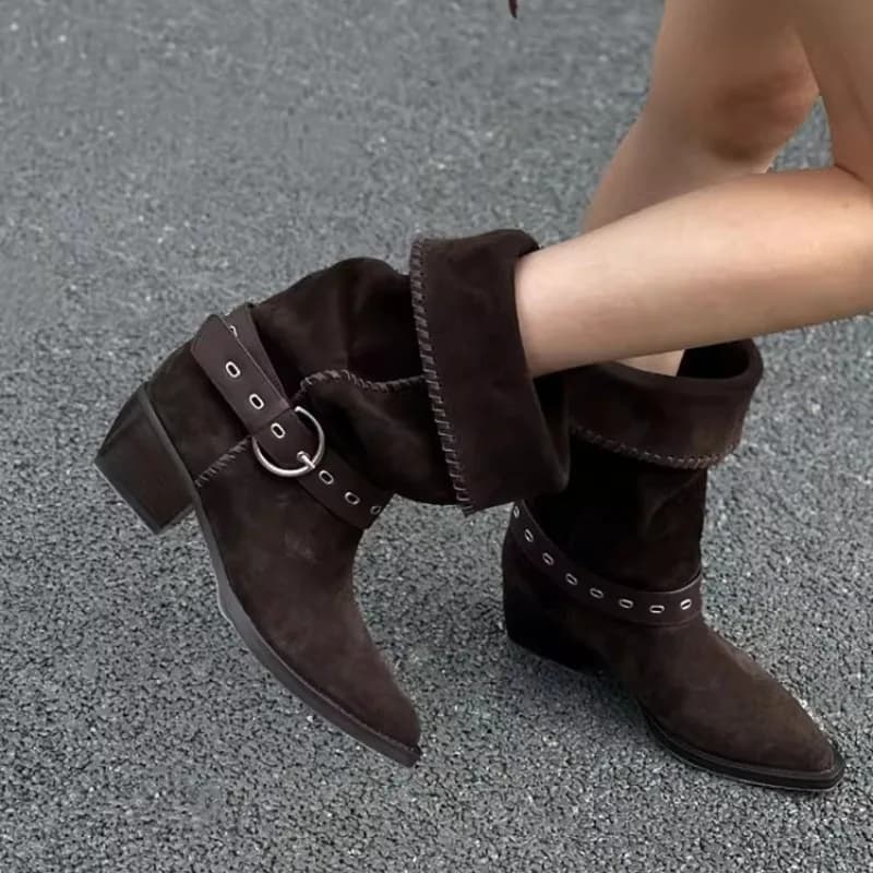 Stivali da Donna di Design, Stivali Western Vintage in Camoscio alla Moda, Stivali da Viaggio Antiscivolo con Fibbia a Cintura per l'Estate 2026, Zapatos De Mujer