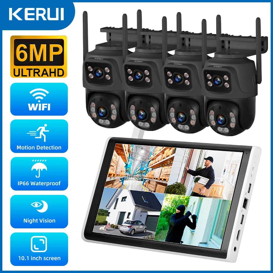 KERUI Wireless 6MP WIFI IP Dual Lens Camera 8CH NVR Kit Sistema di sicurezza domestica Videoregistratore di sorveglianza Monitor LCD da 10.1 pollici
